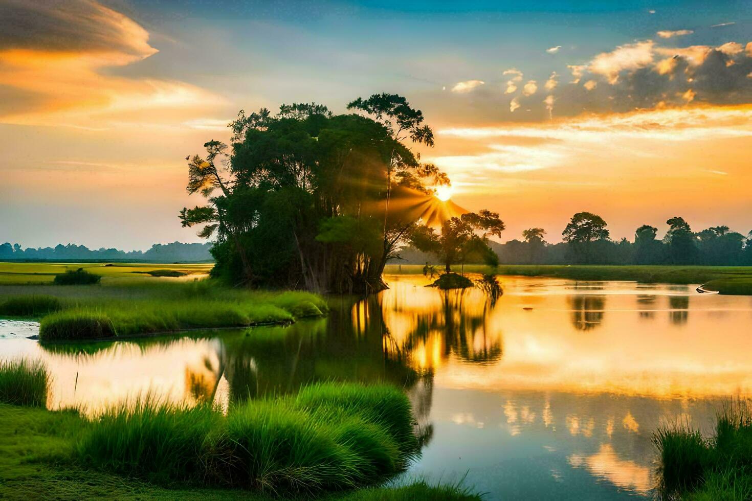 a Sol conjuntos sobre uma pântano e gramíneo campo. gerado por IA foto