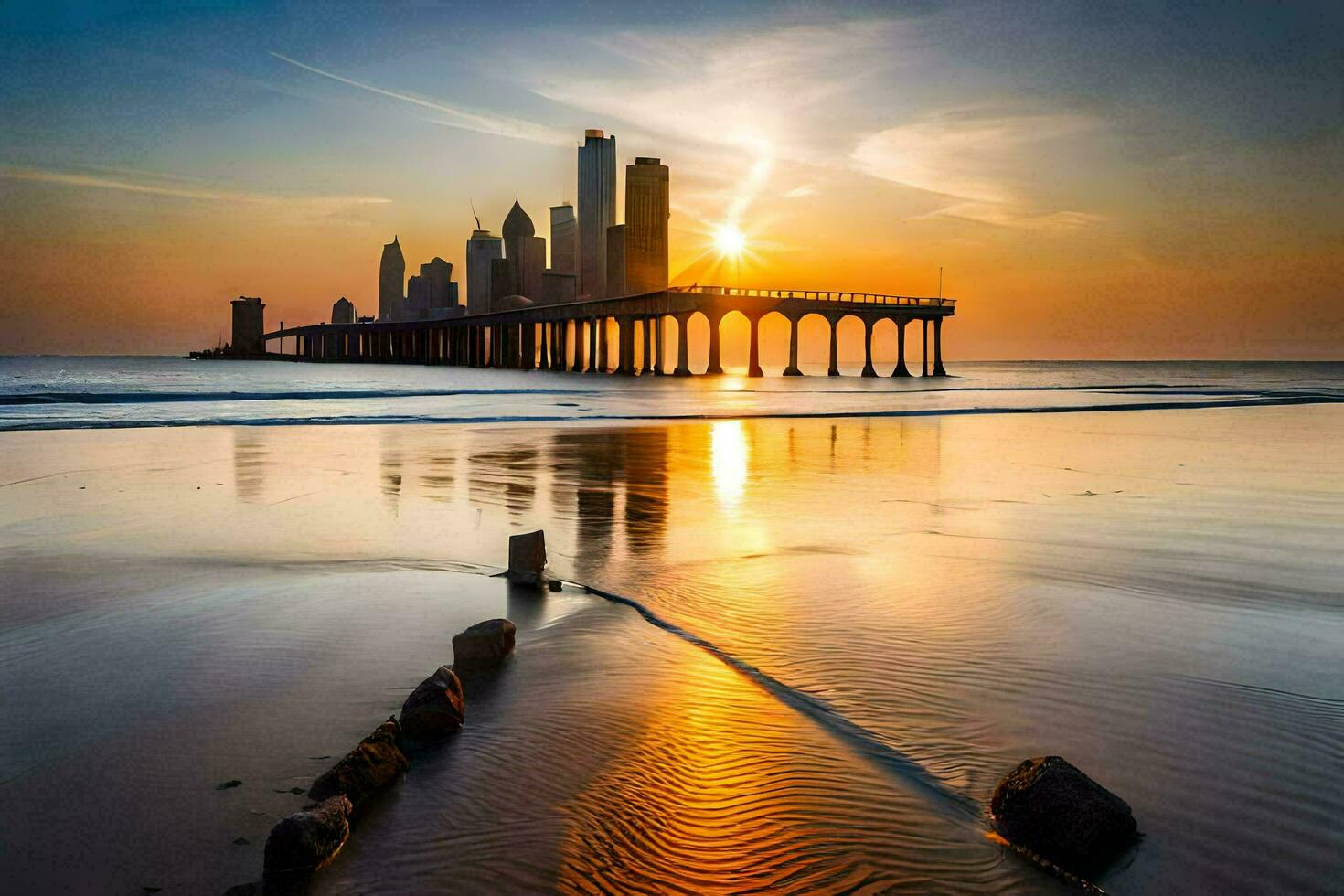 a Sol conjuntos sobre a cidade Horizonte e a oceano. gerado por IA foto