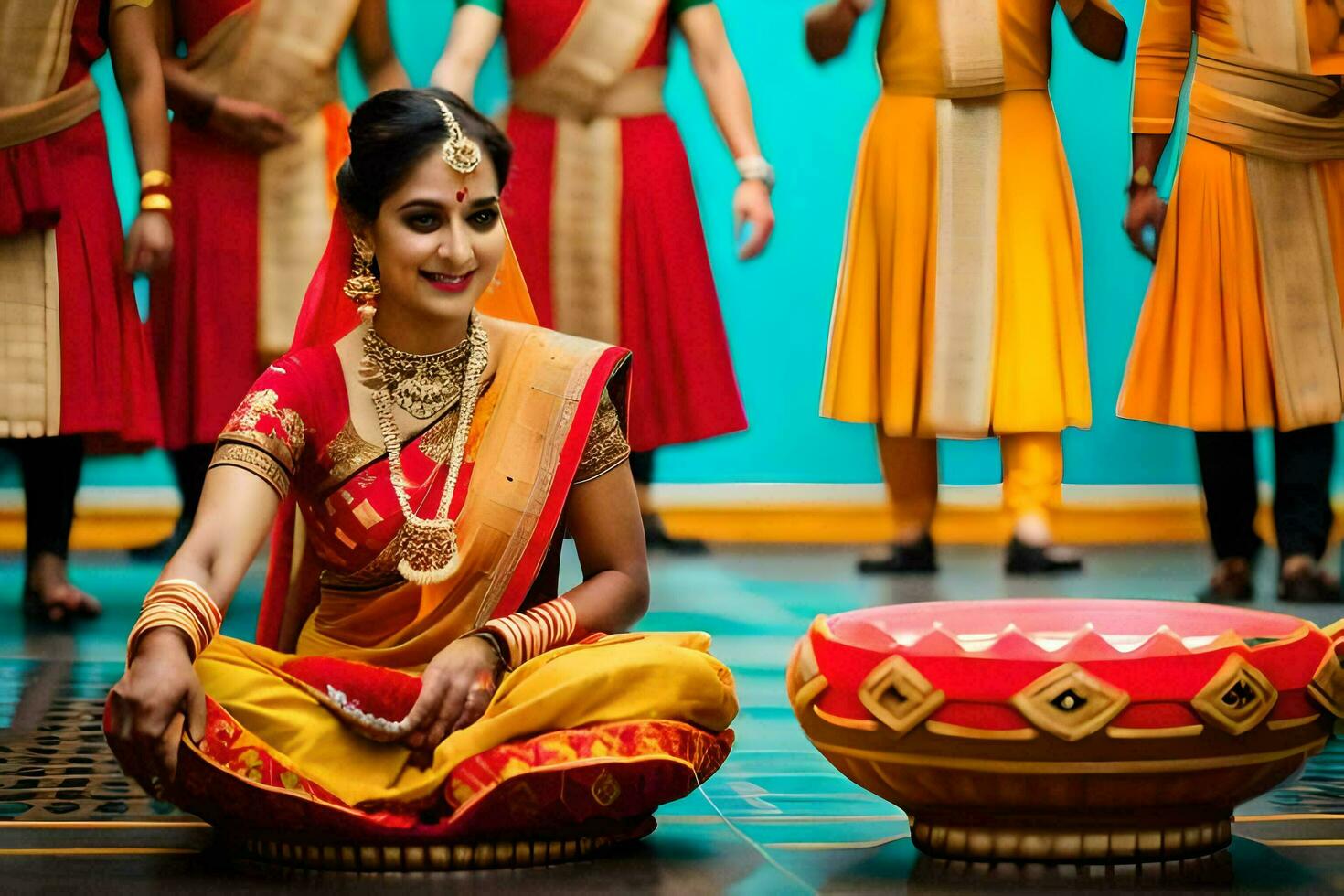 uma mulher dentro tradicional indiano vestuário senta em uma tambor. gerado por IA foto