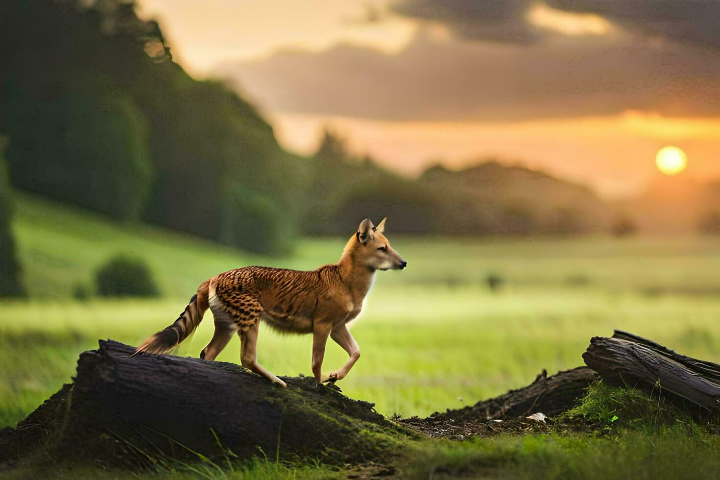 uma vermelho Raposa carrinhos em uma registro dentro a meio do uma campo. gerado por IA foto