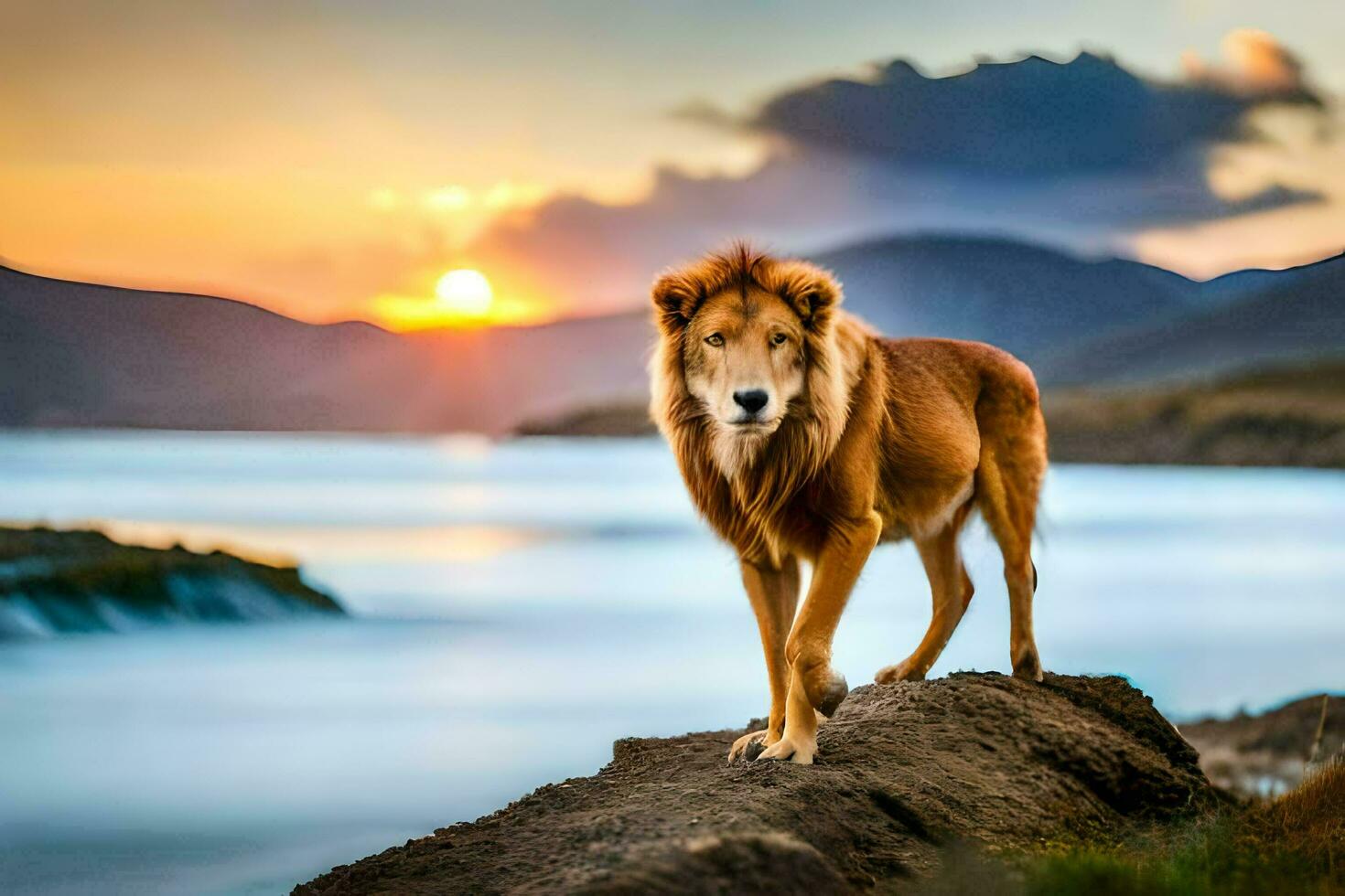 uma leão carrinhos em uma Rocha negligenciar a água às pôr do sol. gerado por IA foto