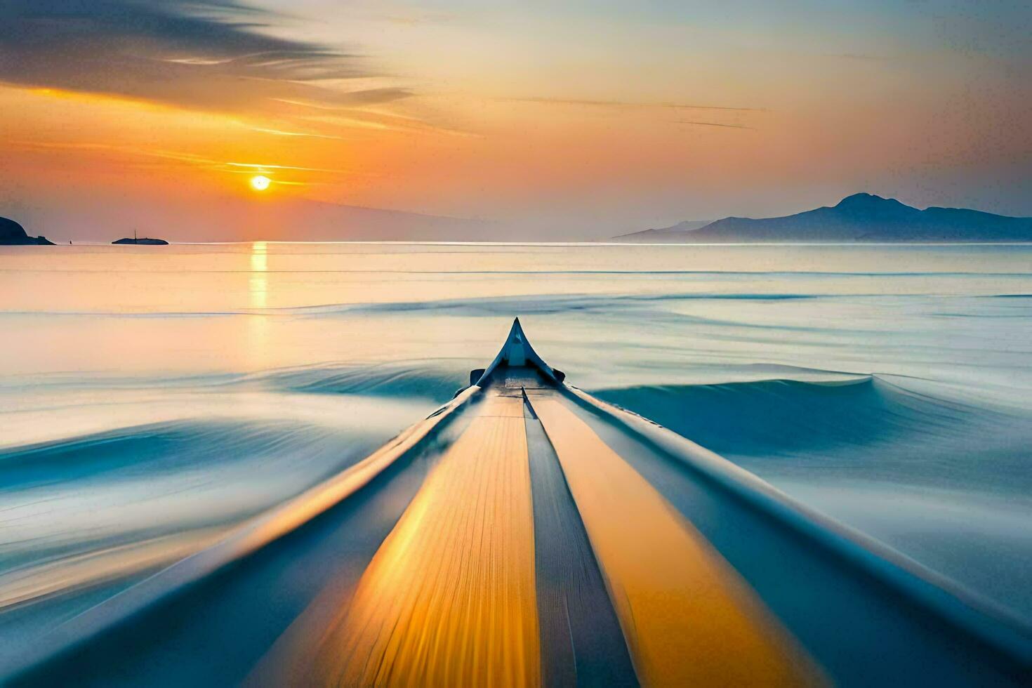 uma barco é Navegando dentro a oceano às pôr do sol. gerado por IA foto