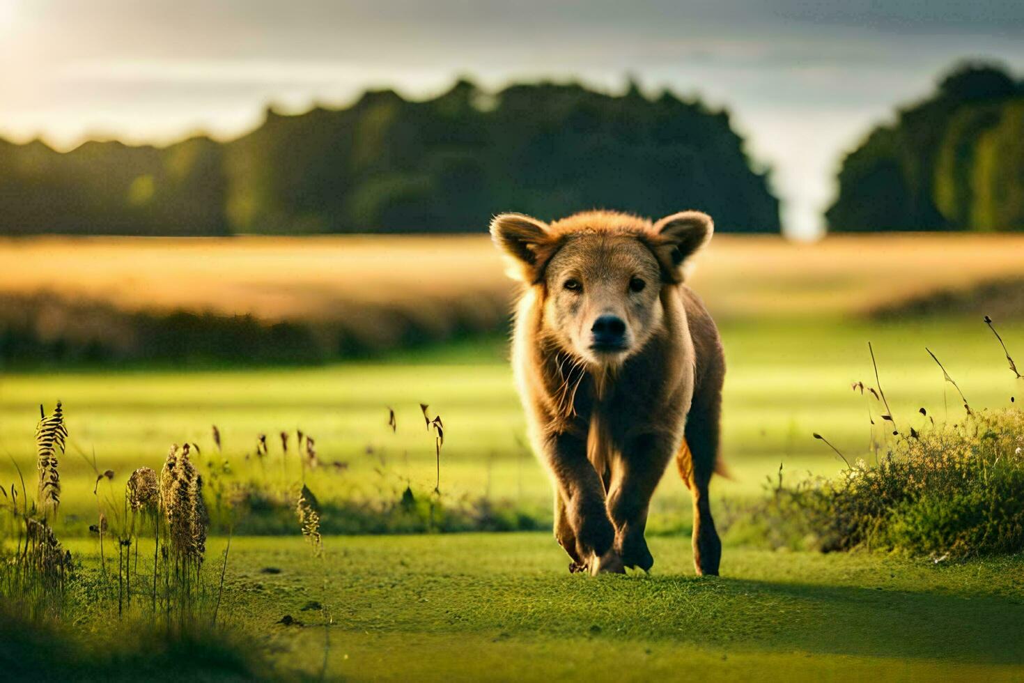 uma Castanho Urso caminhando através uma campo. gerado por IA foto