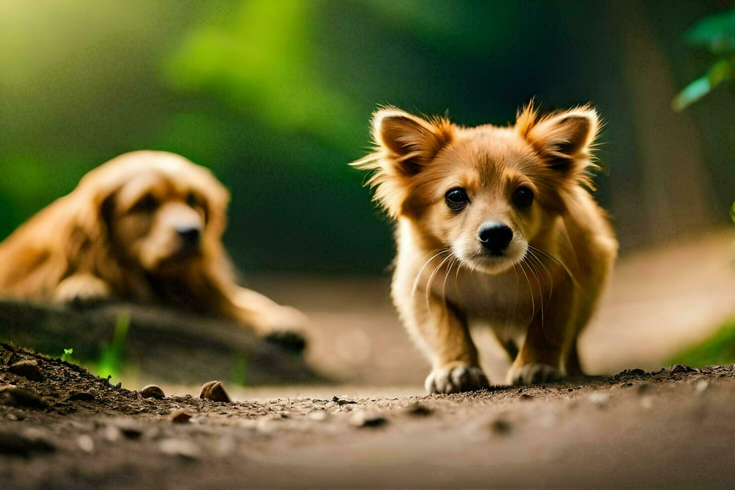 dois cachorros caminhando em uma sujeira estrada dentro a madeiras. gerado por IA foto
