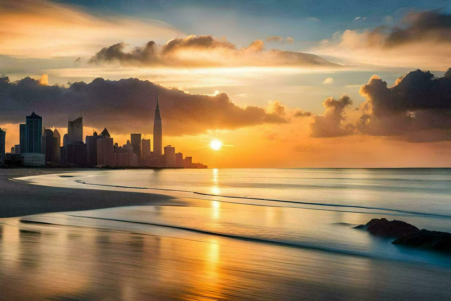 a Sol conjuntos sobre a cidade Horizonte dentro dubai. gerado por IA foto