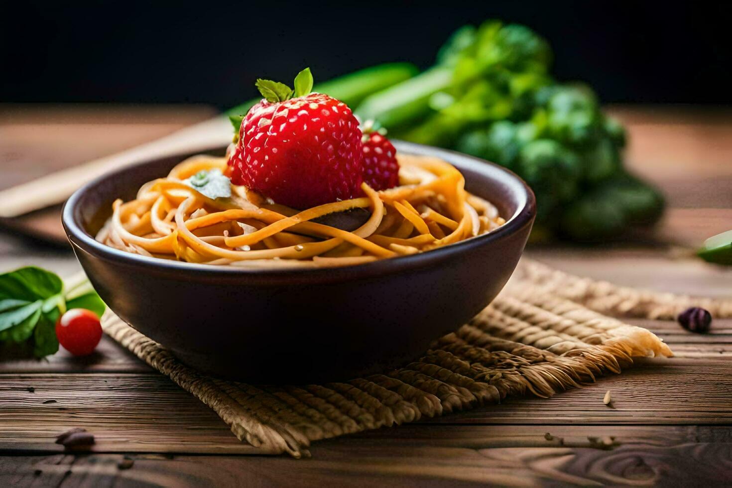 uma tigela do espaguete com morangos e ervas em uma de madeira mesa. gerado por IA foto