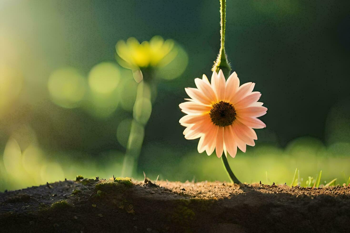 uma solteiro flor é suspensão a partir de uma corda. gerado por IA foto