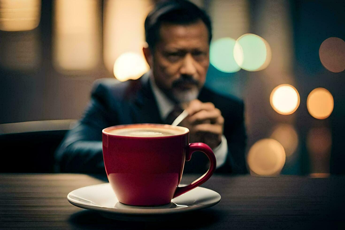 uma homem dentro uma terno é sentado às uma mesa com uma copo do café. gerado por IA foto