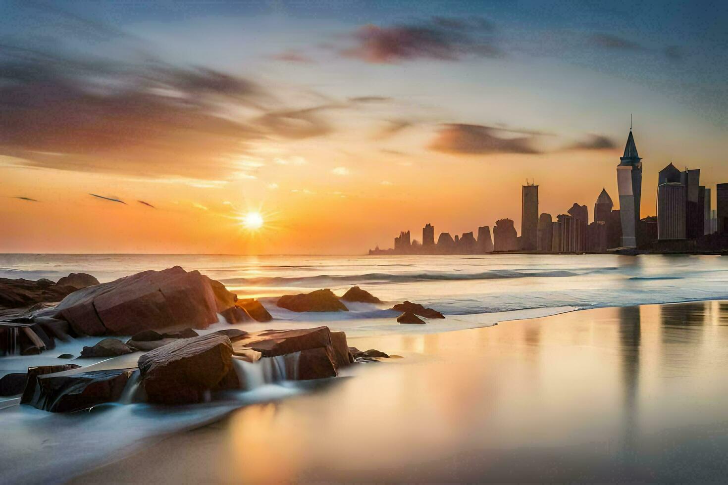 a Sol conjuntos sobre a cidade Horizonte dentro dubai. gerado por IA foto