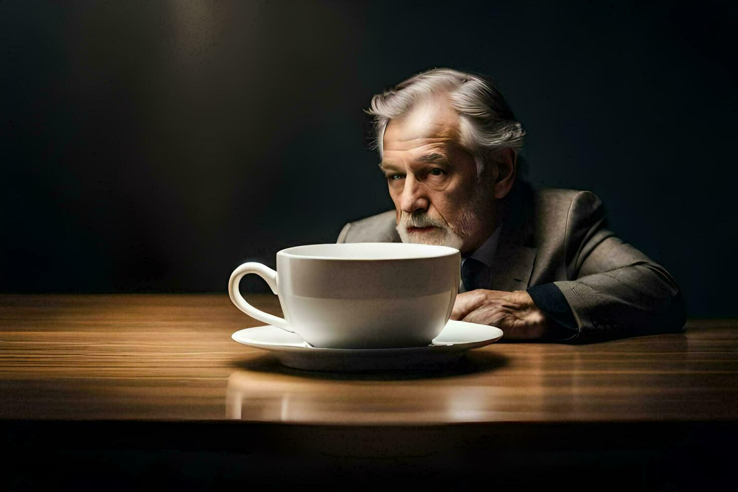 a velho homem sentado às uma mesa com uma copo do café. gerado por IA foto