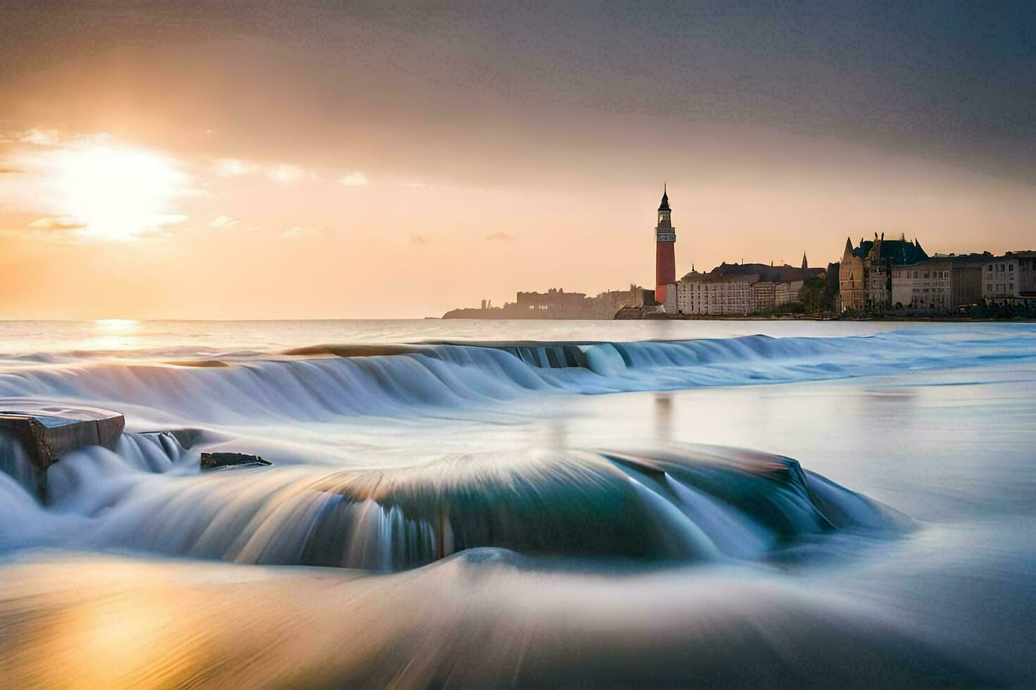 uma pôr do sol sobre a água com ondas falhando para dentro pedras. gerado por IA foto