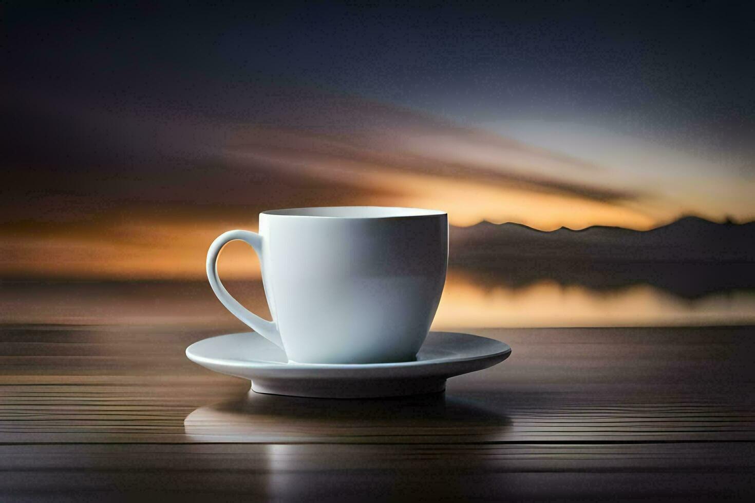 café copo em uma de madeira mesa com uma pôr do sol dentro a fundo. gerado por IA foto