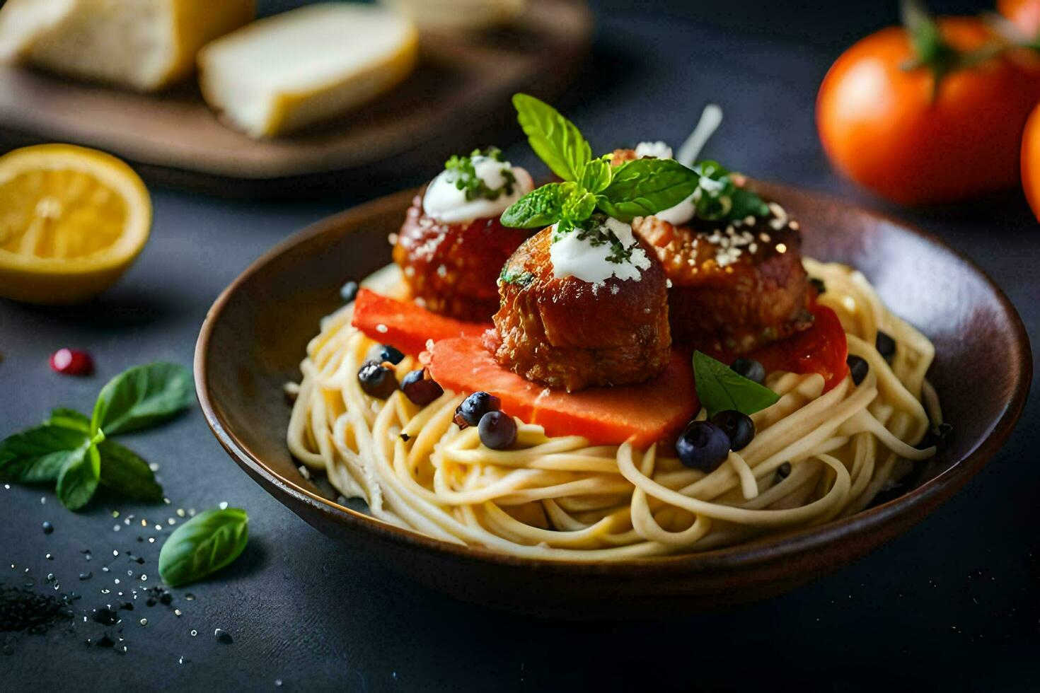 espaguete com almôndegas e tomates em uma de madeira placa. gerado por IA foto