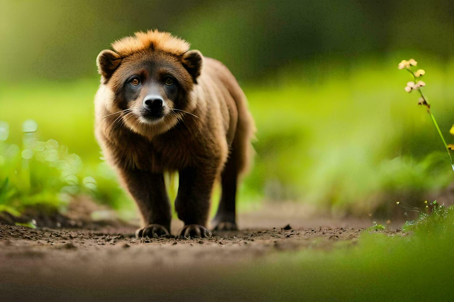 uma Castanho Urso caminhando em uma sujeira estrada. gerado por IA foto