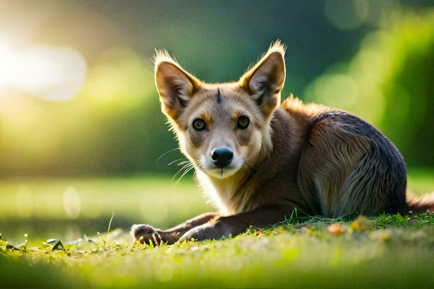 uma cachorro sentado dentro a Relva com uma Sol dentro a fundo. gerado por IA foto