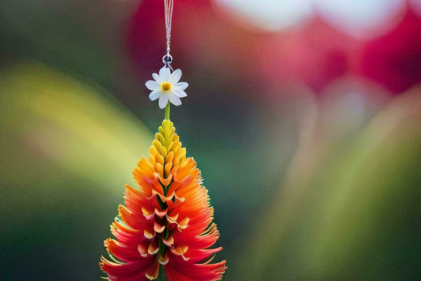 uma vermelho e branco flor suspensão a partir de uma corda. gerado por IA foto