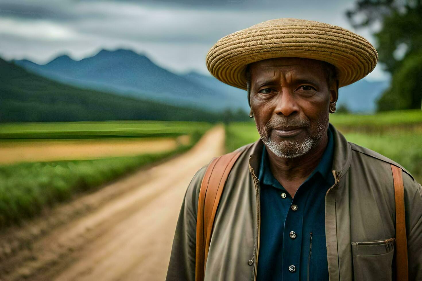 uma homem vestindo uma Palha chapéu carrinhos dentro uma sujeira estrada. gerado por IA foto