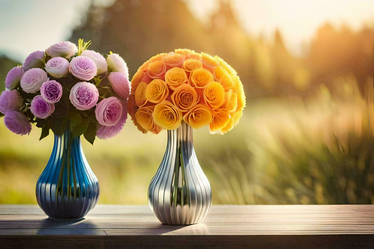 dois vasos com colorida flores em uma mesa. gerado por IA foto