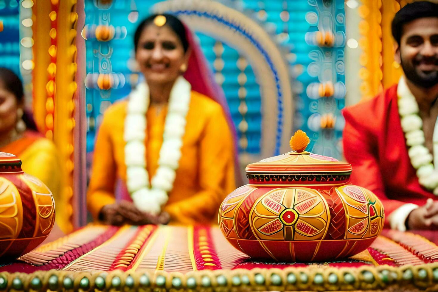 uma casal dentro tradicional indiano vestuário sentar em uma mesa com dois potes. gerado por IA foto