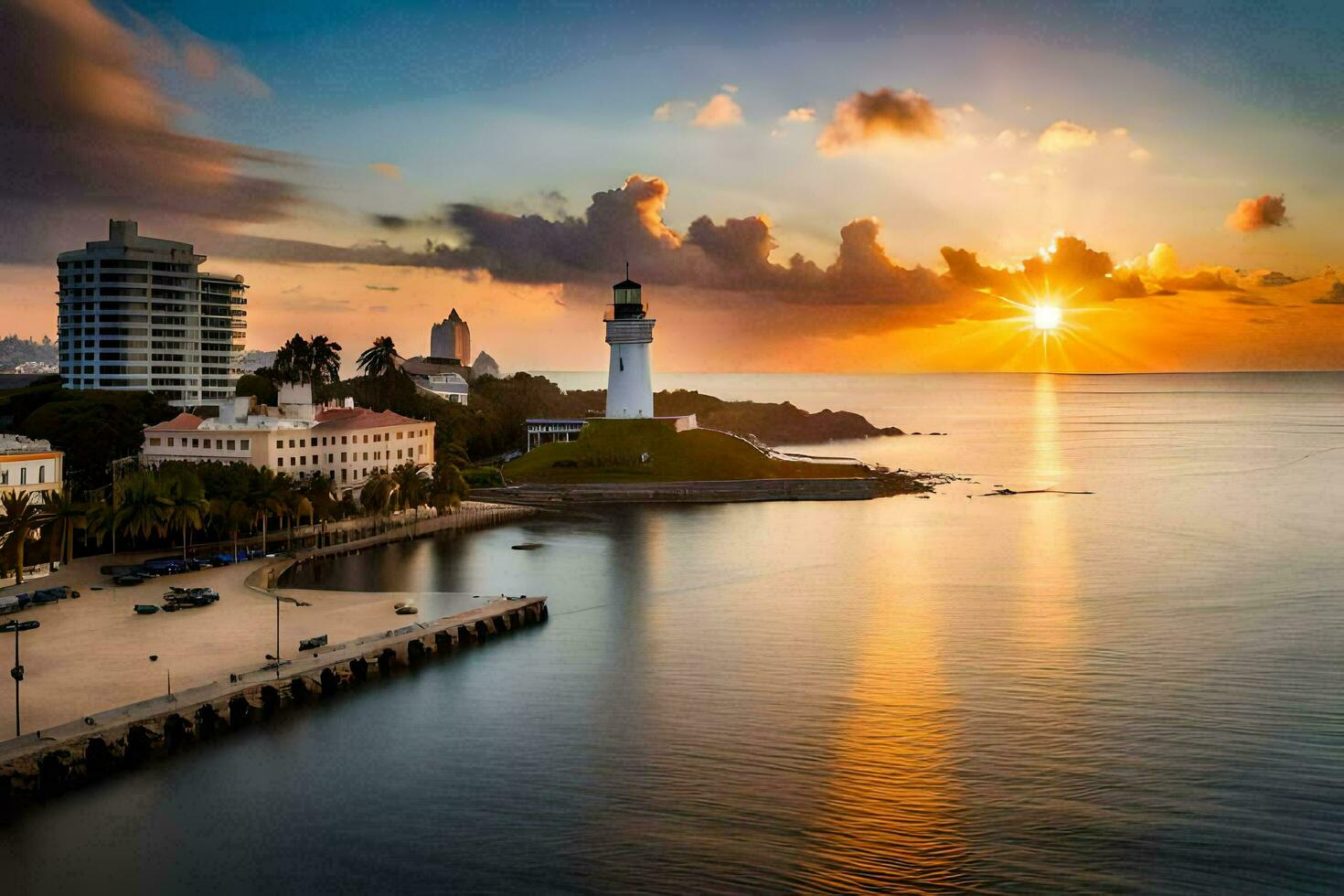 a Sol conjuntos sobre uma cidade e farol. gerado por IA foto