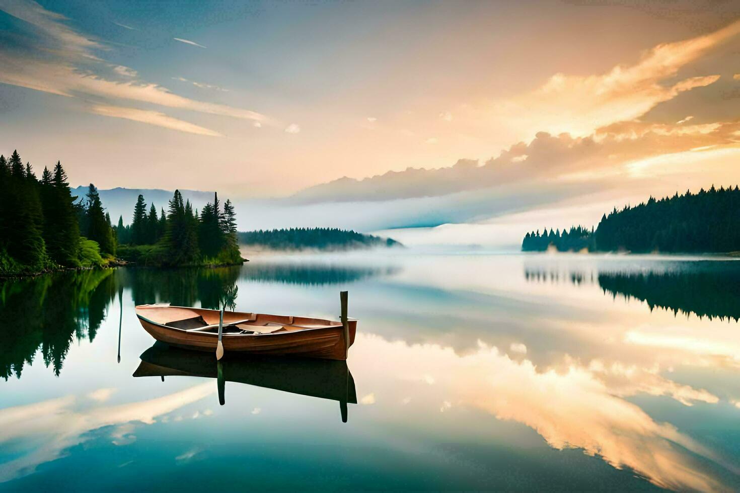 uma barco em uma lago às nascer do sol. gerado por IA foto