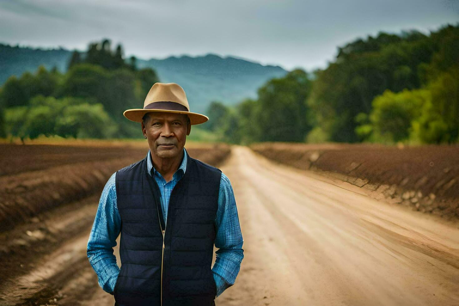 a Mais velho homem em pé em uma sujeira estrada. gerado por IA foto