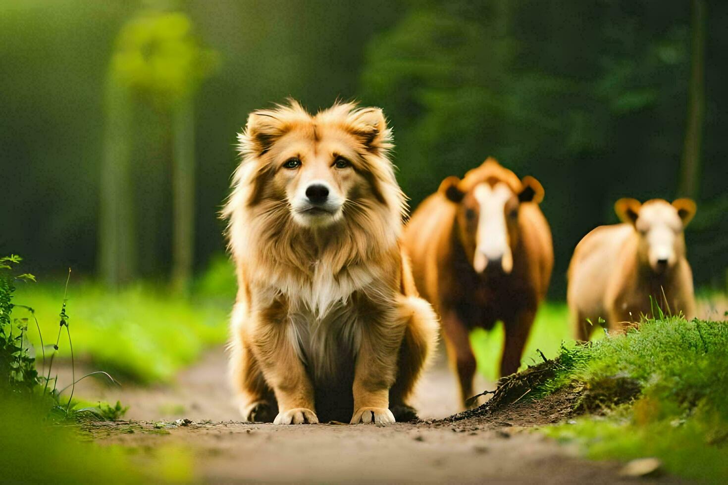 uma cachorro e dois vacas em pé em uma sujeira estrada. gerado por IA foto