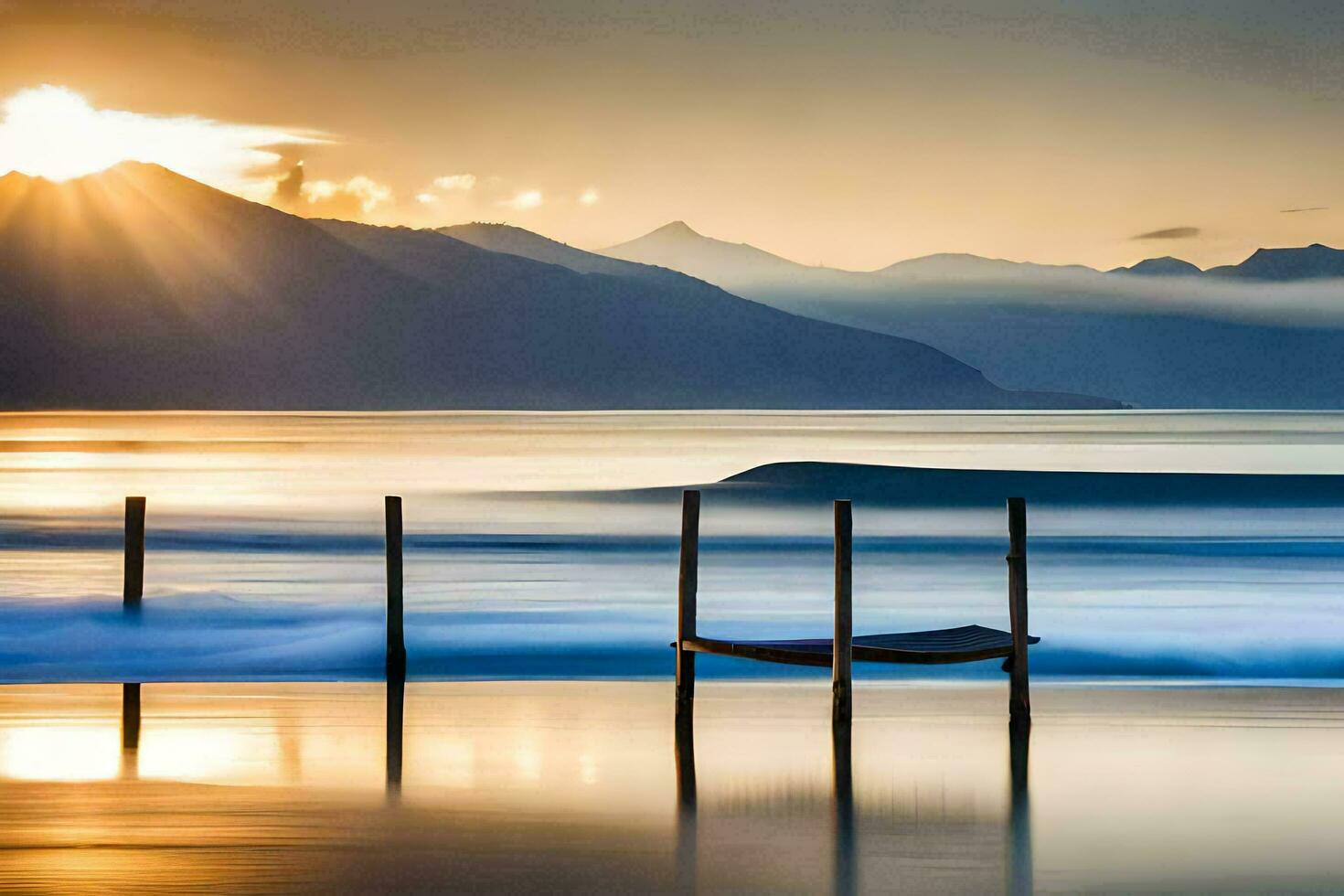 uma barco senta em a de praia às pôr do sol. gerado por IA foto