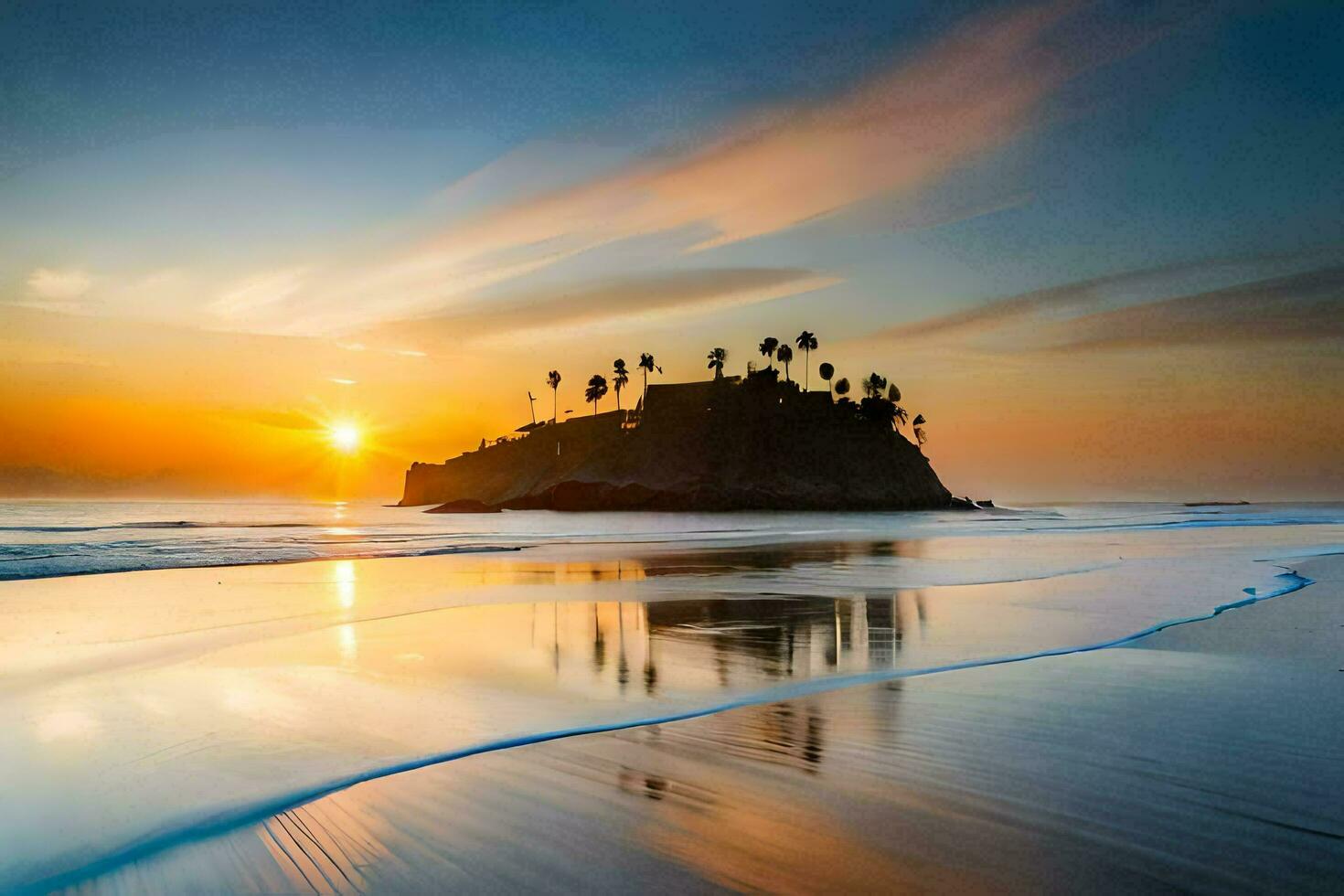 a Sol conjuntos sobre uma de praia com Palma árvores gerado por IA foto