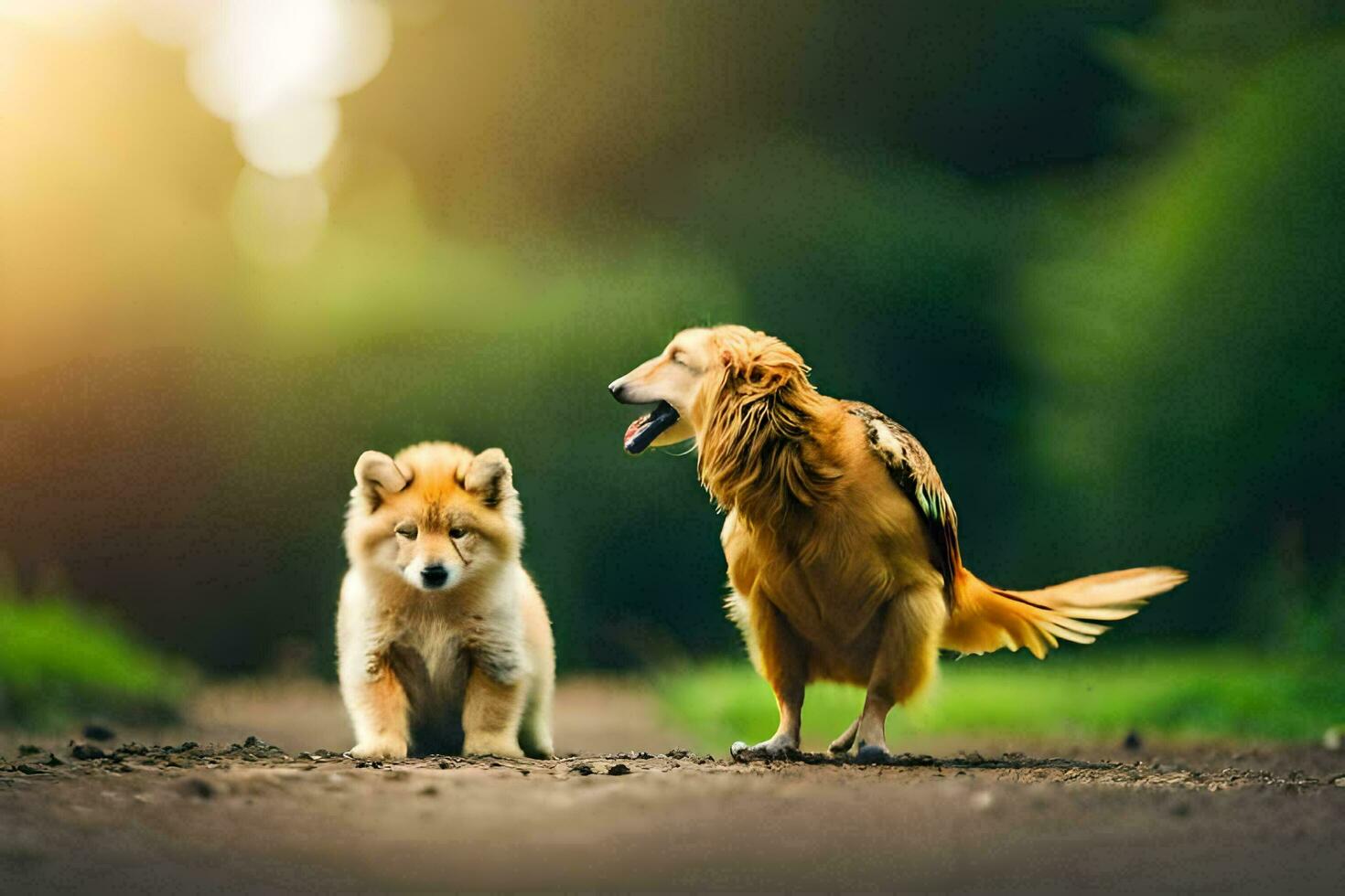 dois cachorros em pé em uma sujeira estrada. gerado por IA foto