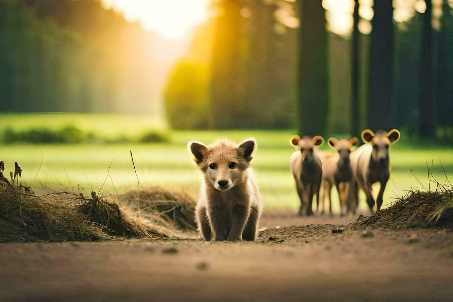 uma Raposa e dela filhotes caminhando dentro a madeiras. gerado por IA foto