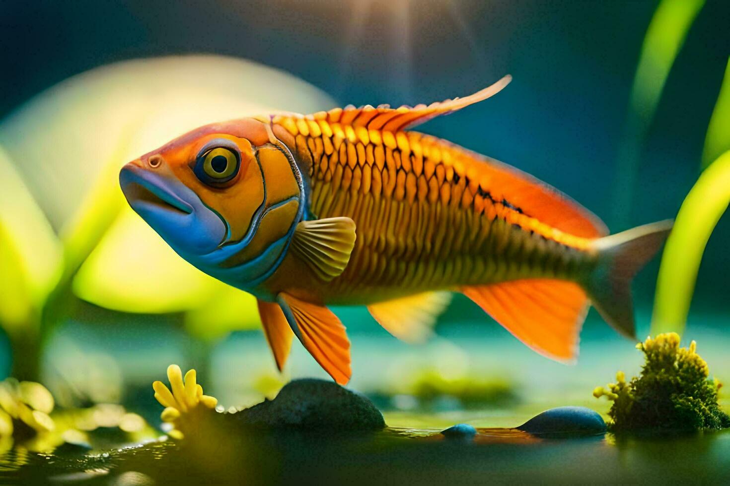 a laranja peixe natação dentro uma lagoa com grama. gerado por IA foto