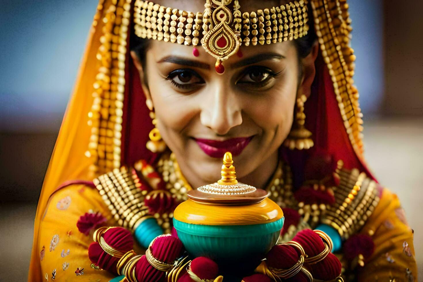 uma lindo indiano noiva dentro tradicional vestuário segurando uma Panela. gerado por IA foto
