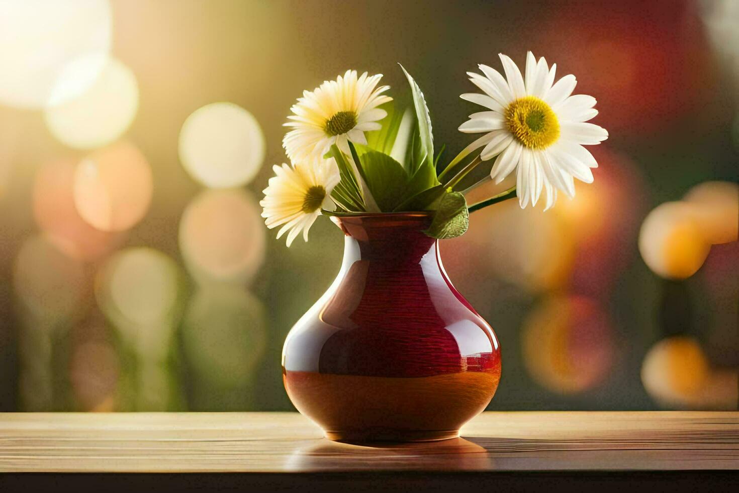 uma vaso com margaridas em uma mesa dentro frente do uma embaçado fundo. gerado por IA foto