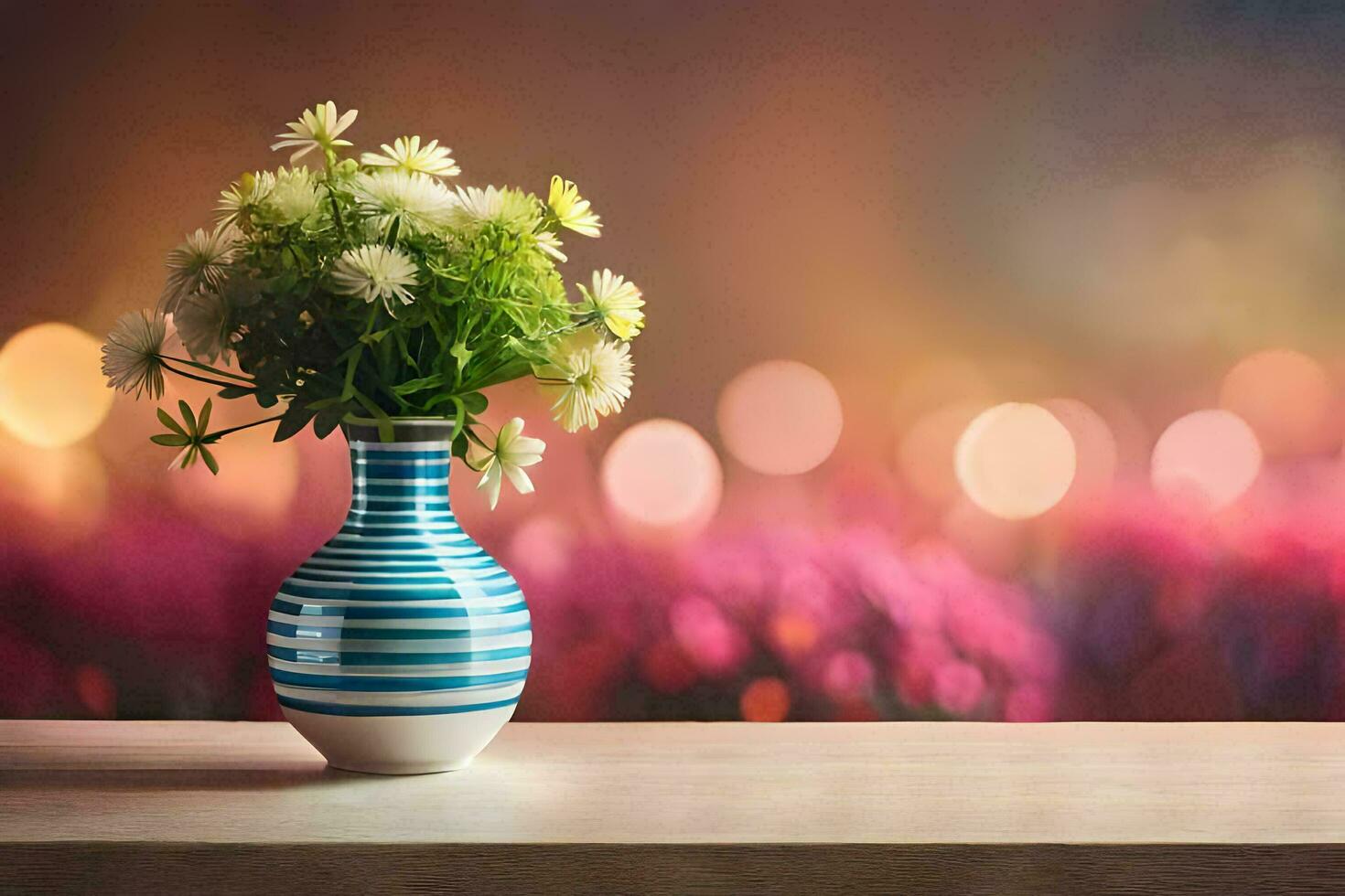 uma vaso com flores em uma mesa dentro frente do uma borrado fundo. gerado por IA foto