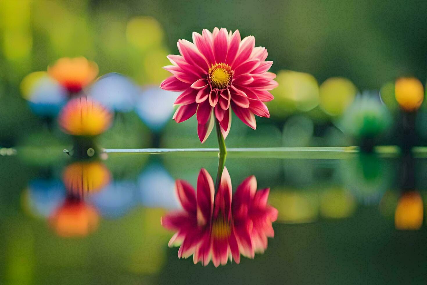 uma solteiro flor é refletido dentro a água. gerado por IA foto