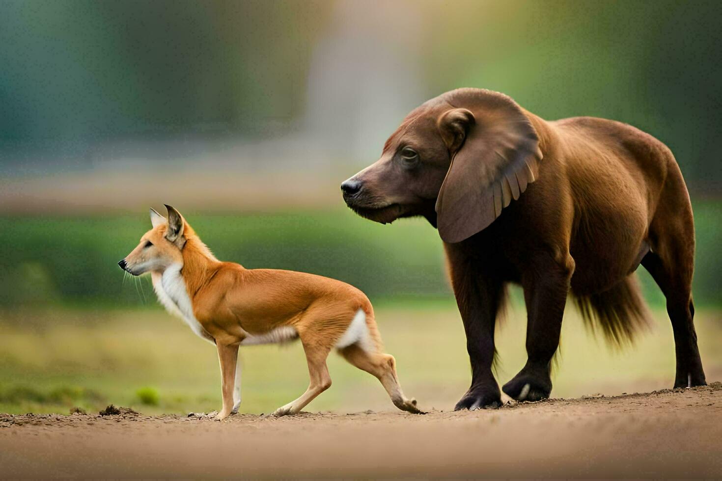 uma Castanho cachorro e a elefante em pé Próximo para cada outro. gerado por IA foto