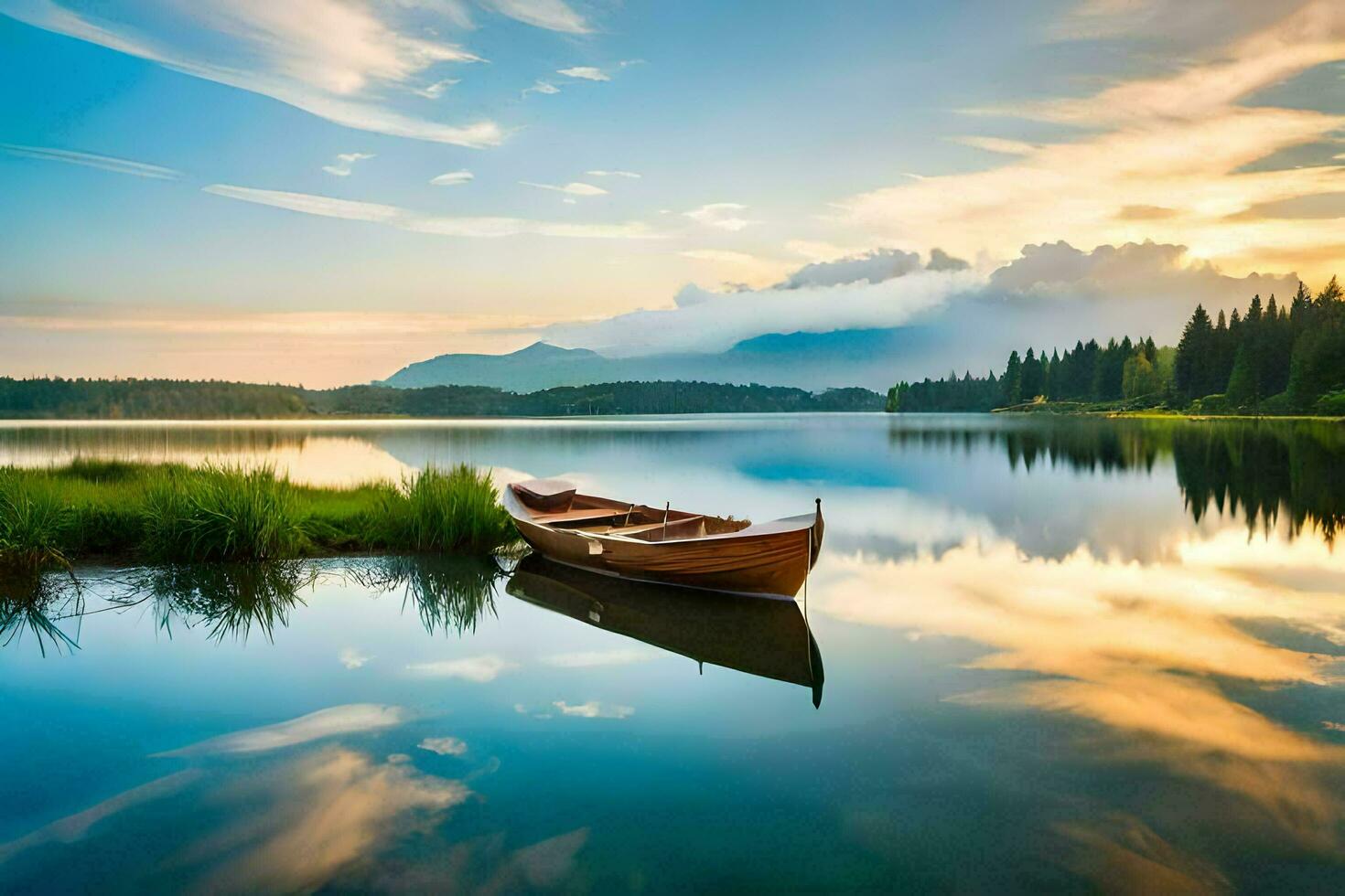 uma barco senta em a calma águas do uma lago. gerado por IA foto