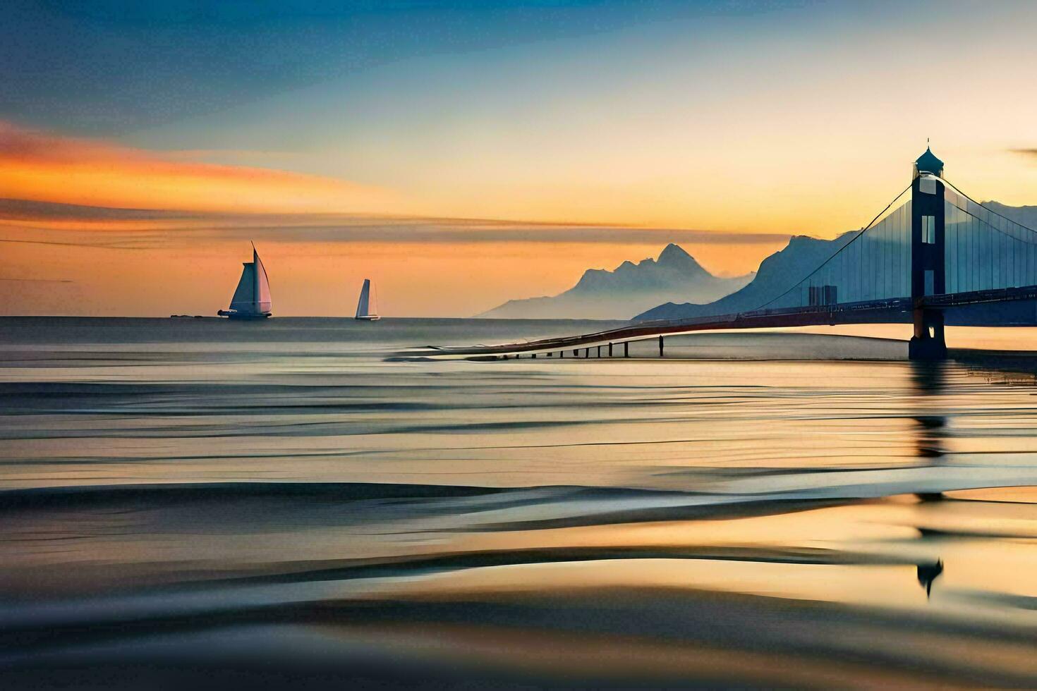 uma ponte sobre a oceano às pôr do sol com veleiros. gerado por IA foto