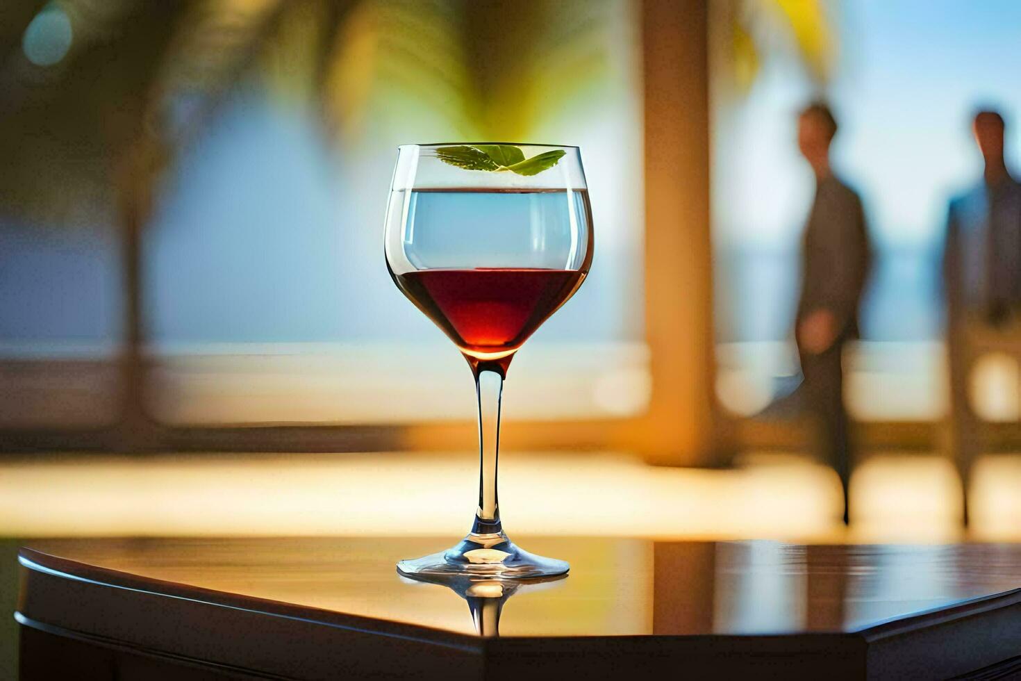 uma vidro do vinho em uma mesa com uma homem dentro a fundo. gerado por IA foto