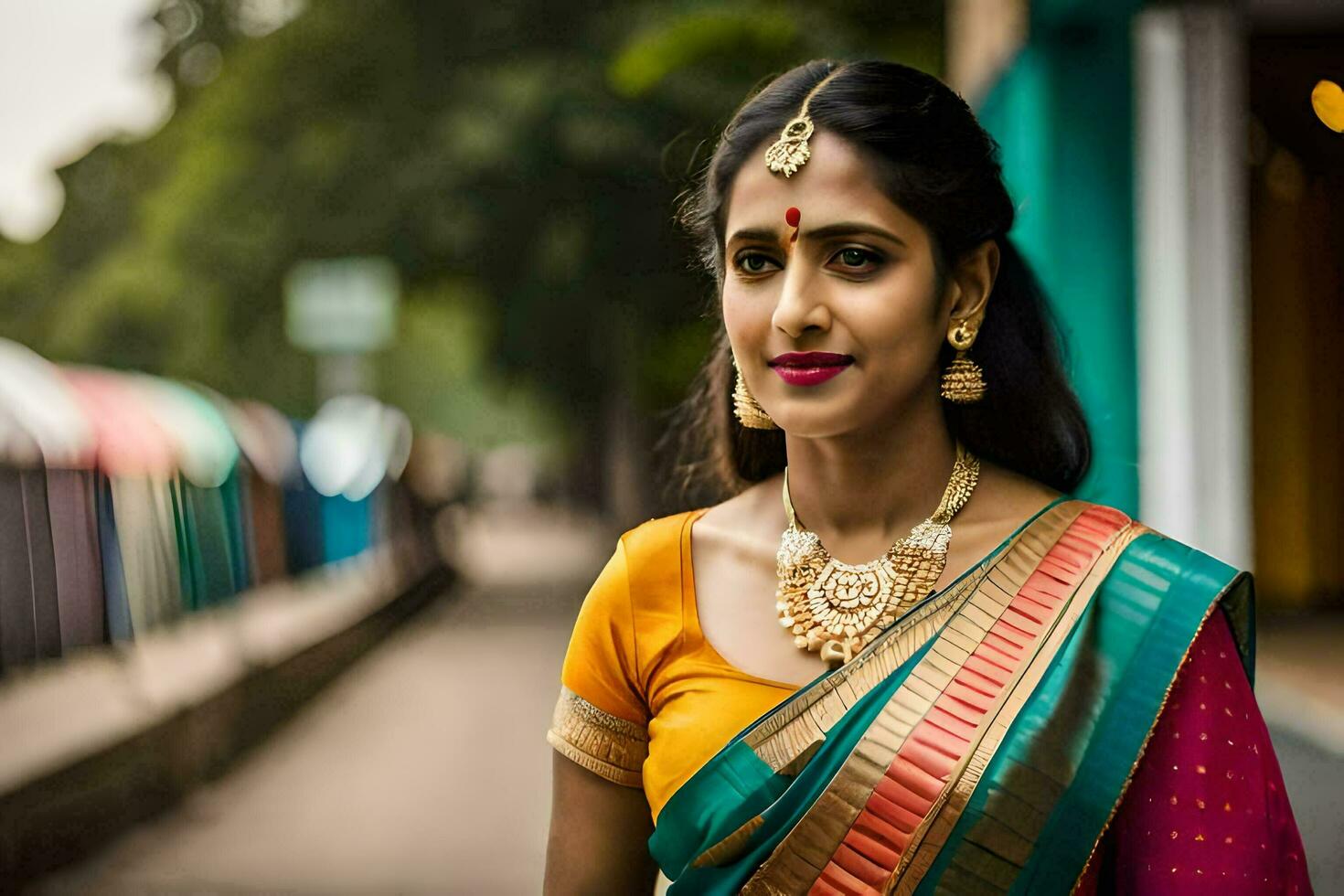 uma lindo indiano mulher dentro uma colorida sári. gerado por IA foto