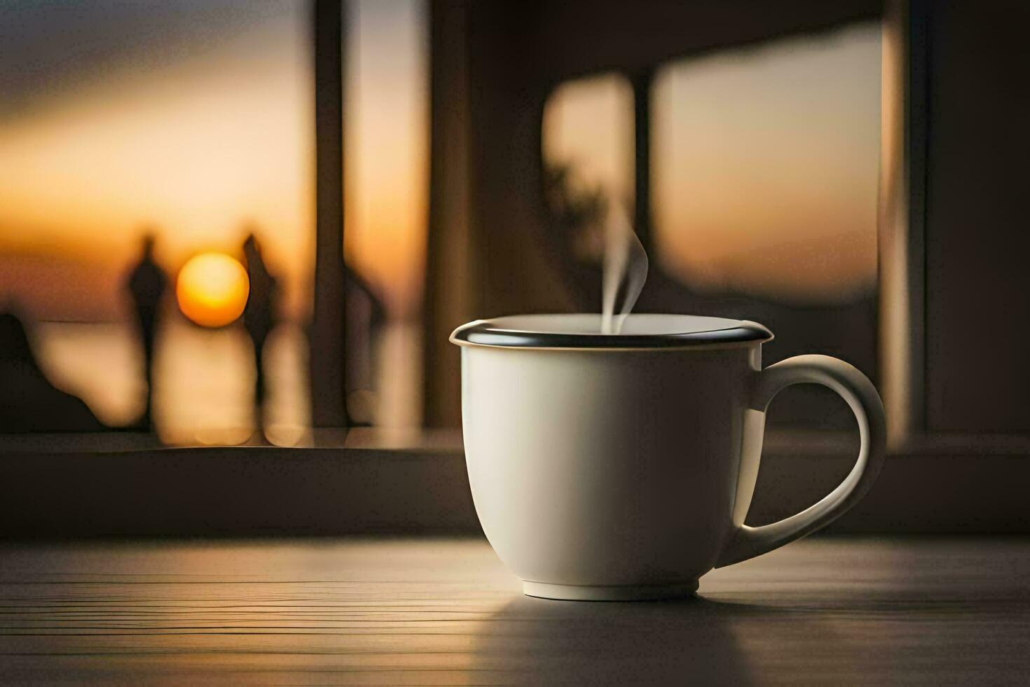 café caneca em a mesa com uma Visão do a pôr do sol. gerado por IA foto