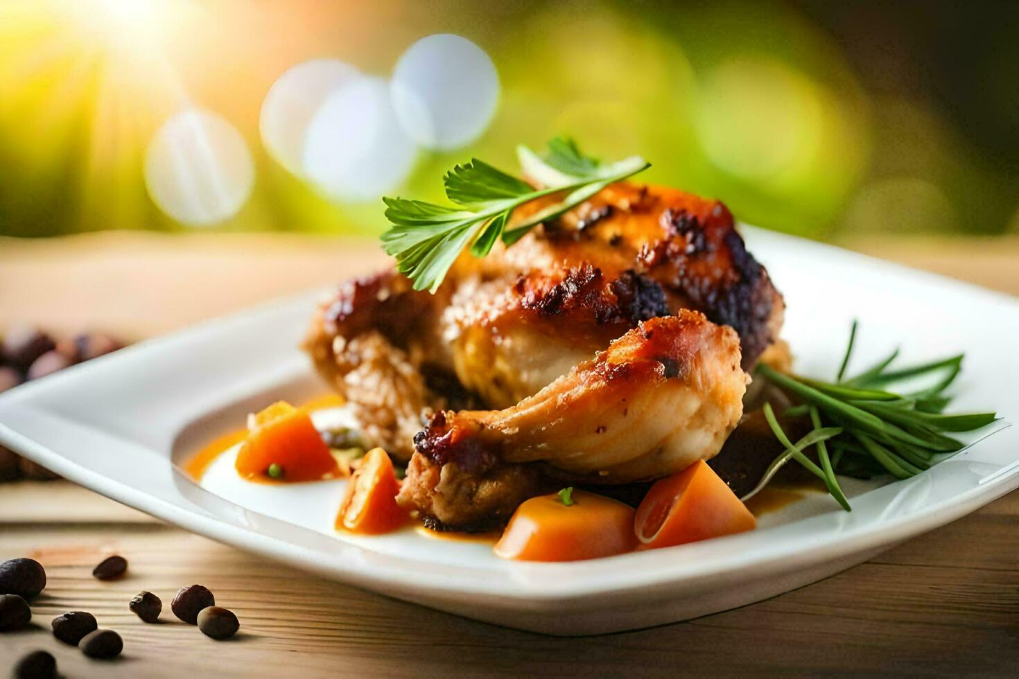 uma frango perna em uma prato com legumes e café feijões. gerado por IA foto