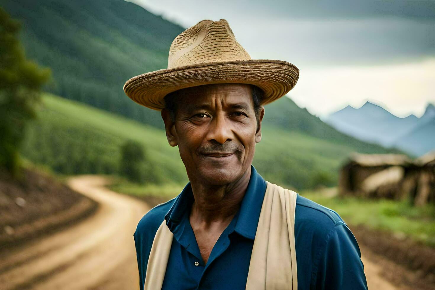 uma homem dentro uma Palha chapéu em pé em uma sujeira estrada. gerado por IA foto