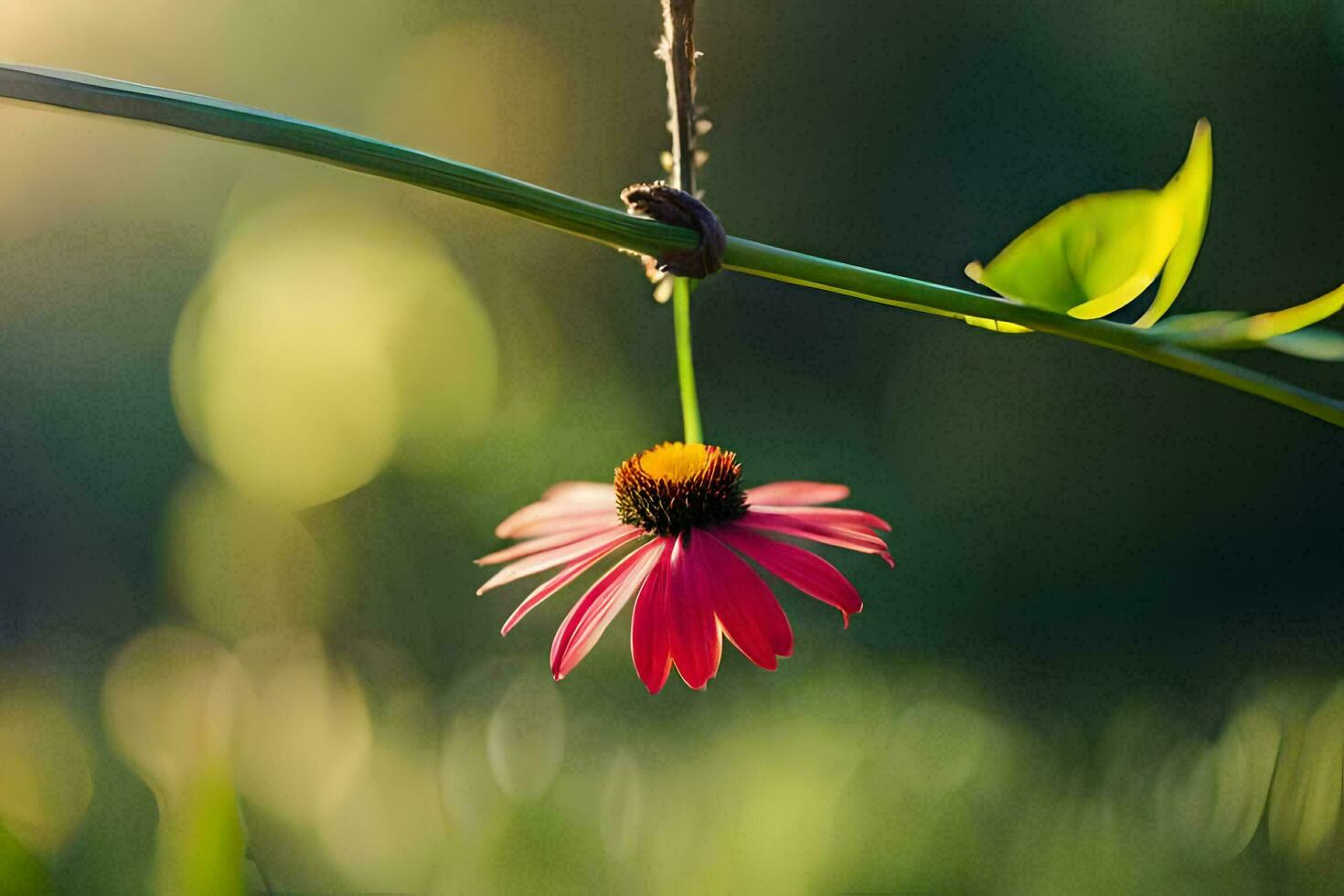 uma solteiro flor suspensão a partir de uma ramo dentro a Sol. gerado por IA foto