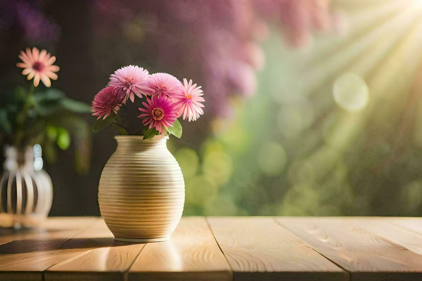 uma vaso com Rosa flores em uma mesa. gerado por IA foto