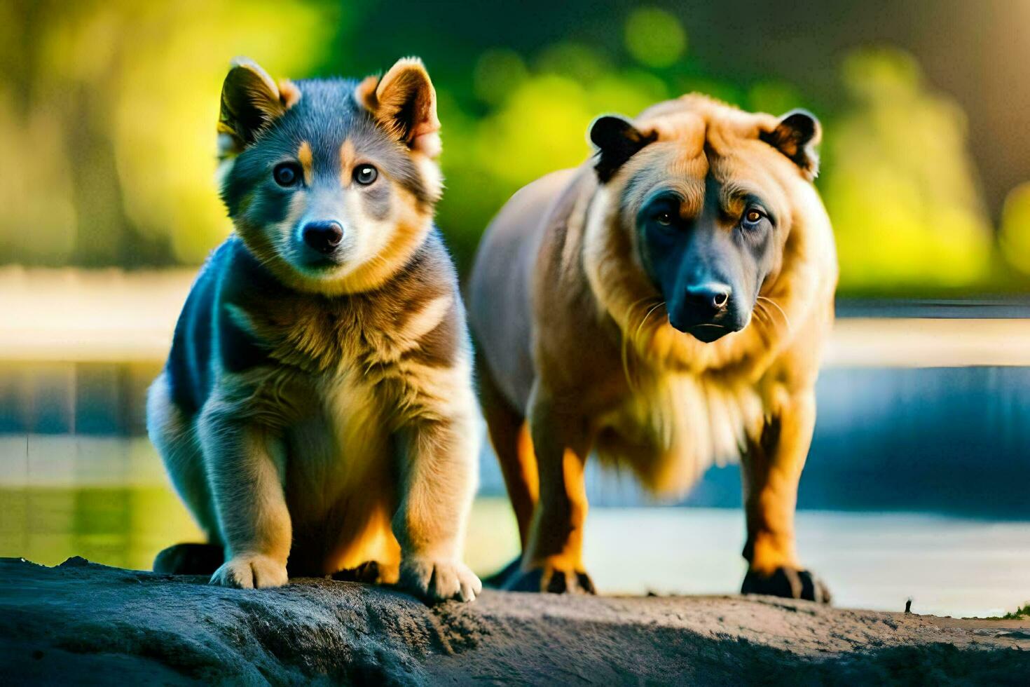 dois cachorros em pé Próximo para cada de outros em uma Rocha. gerado por IA foto