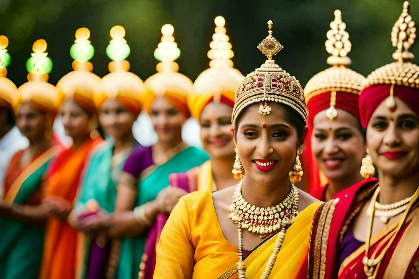 indiano mulheres dentro colorida tradicional traje. gerado por IA foto