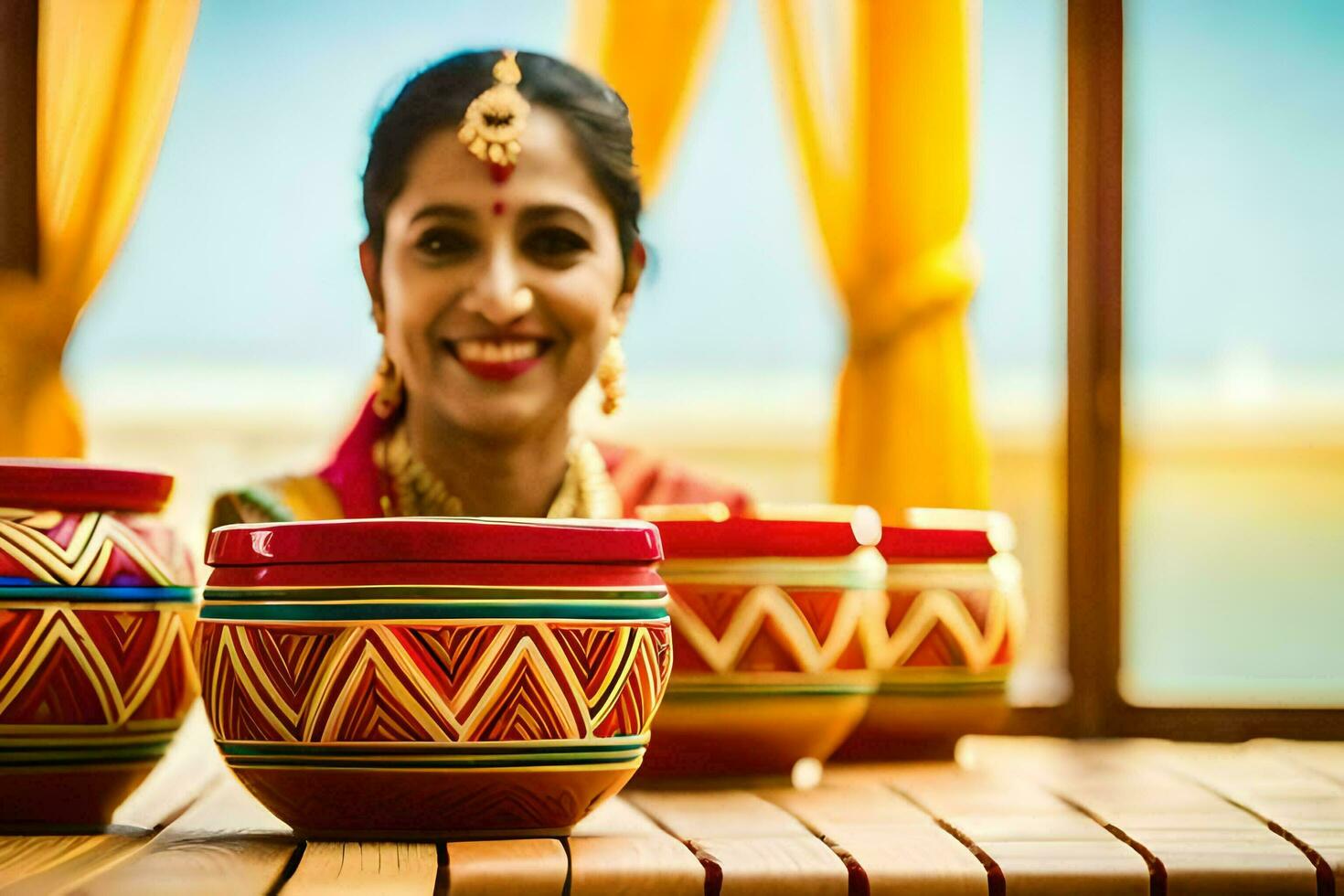 uma mulher dentro tradicional indiano vestuário senta dentro frente do colorida potes. gerado por IA foto