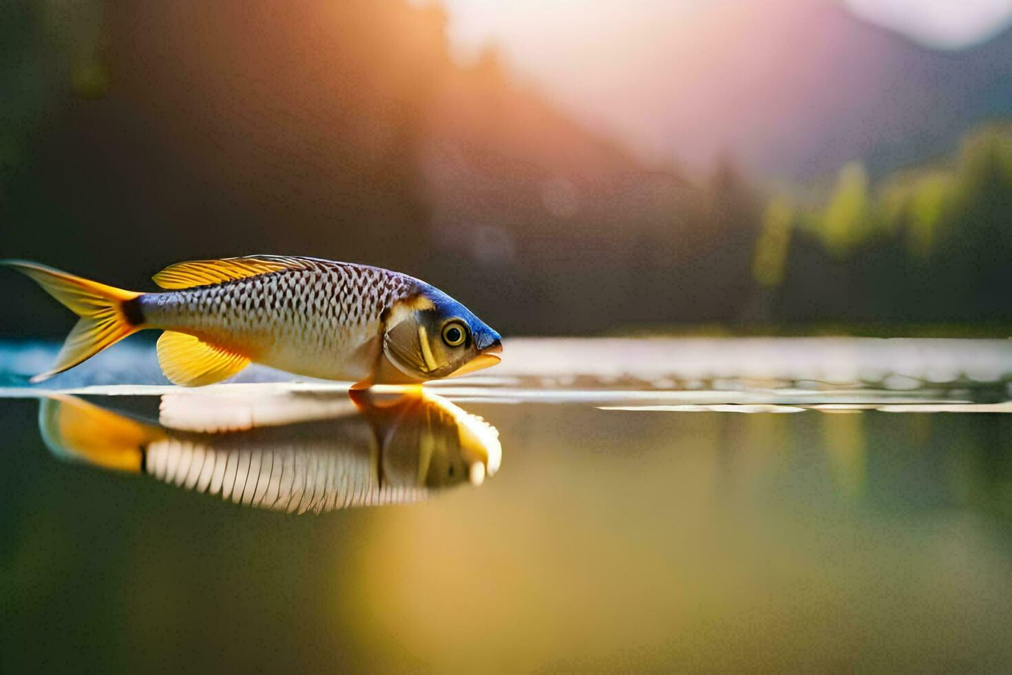 uma peixe é em pé em a água com uma montanha dentro a fundo. gerado por IA foto